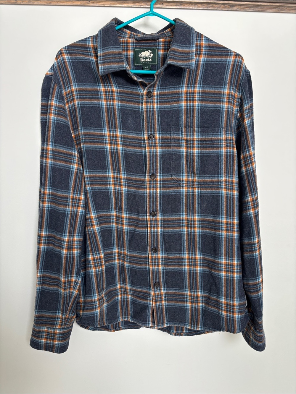 Roots Men's Navy and Orange Plaid Button-Down Shirt